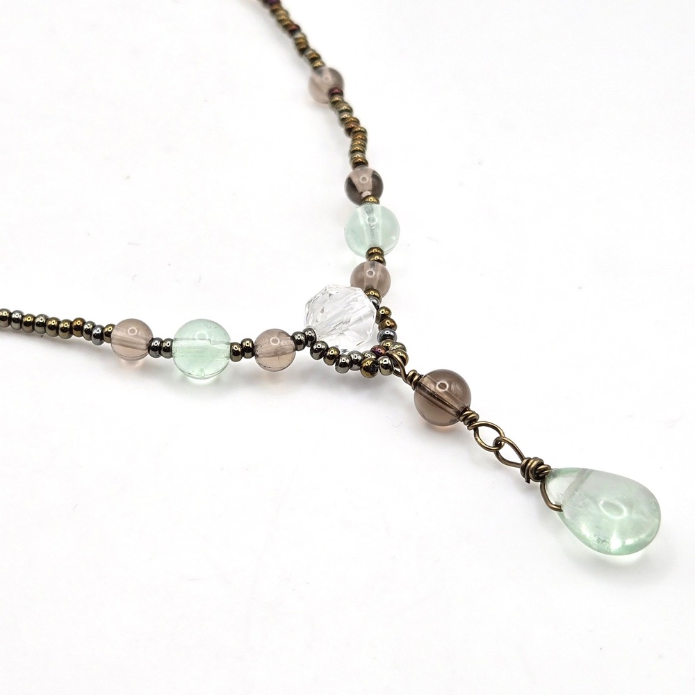Handmade Green Fluorite Smoky Glass Beaded Y-Drop Necklace Bronze Tone Boho
